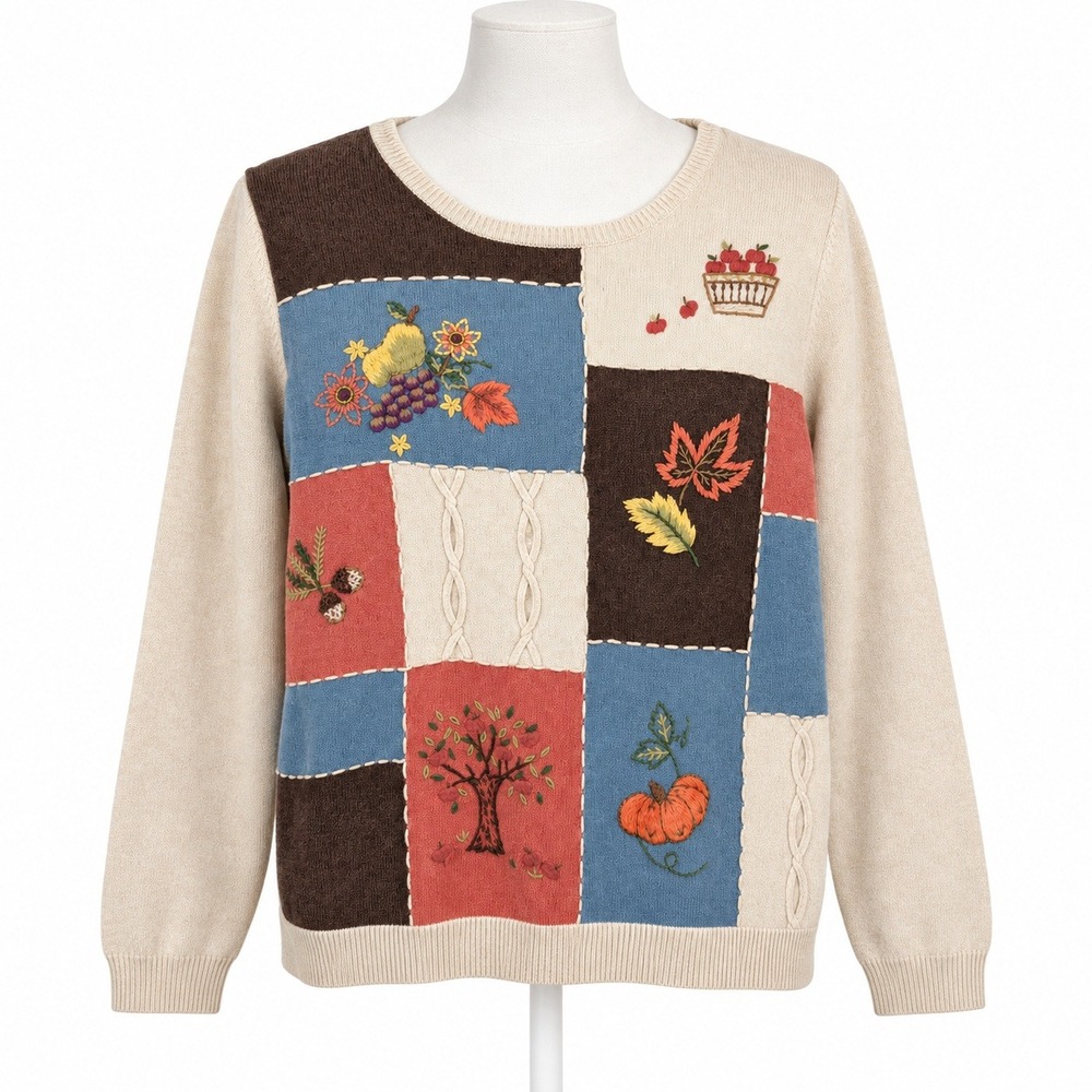 Vintage Fall Leaf 3D Embroidered Patchwork Sweater Size L Cottagecore Pumpkin